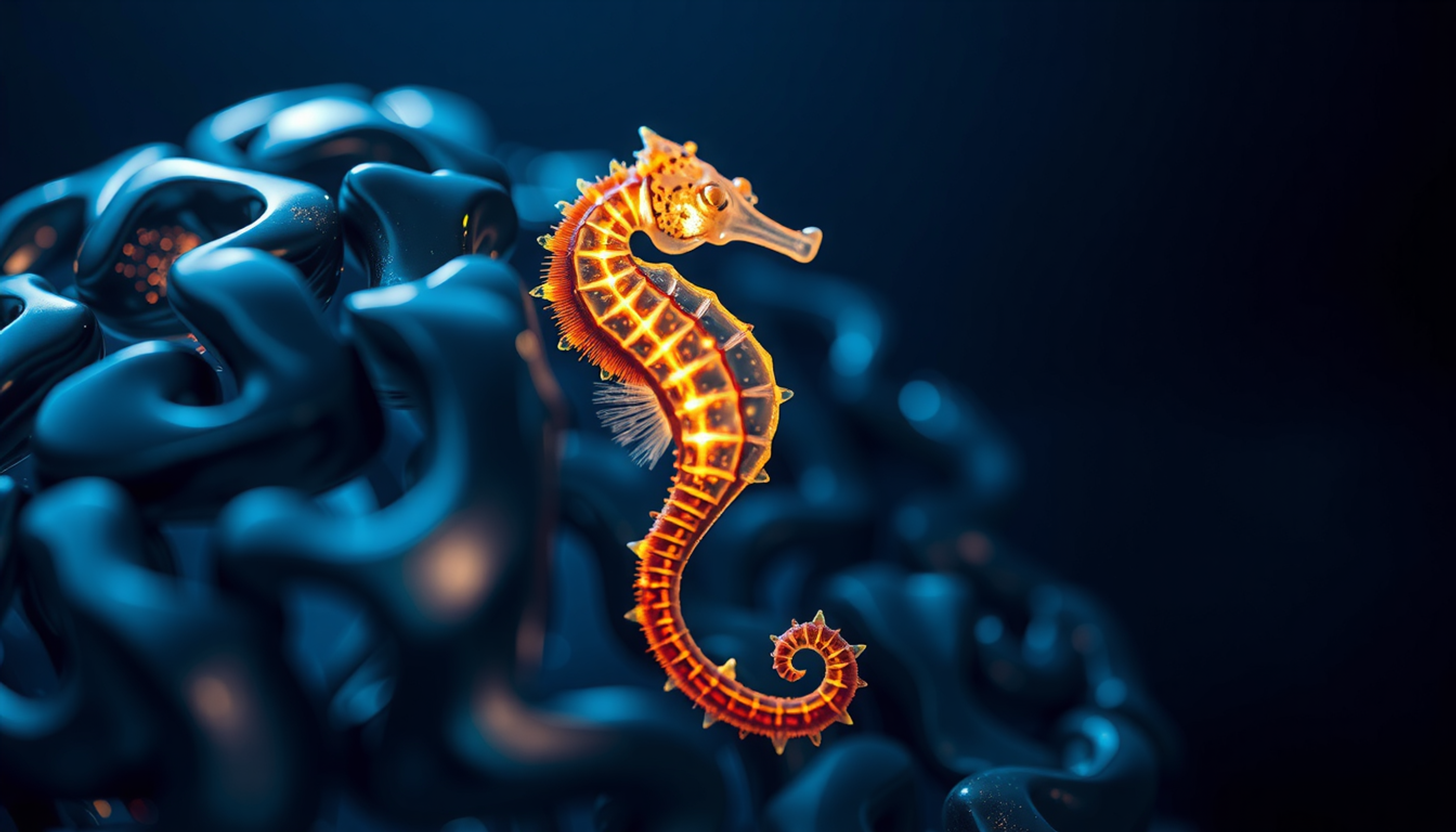 Translucent seahorse glowing with neural connections in brain cross-section.