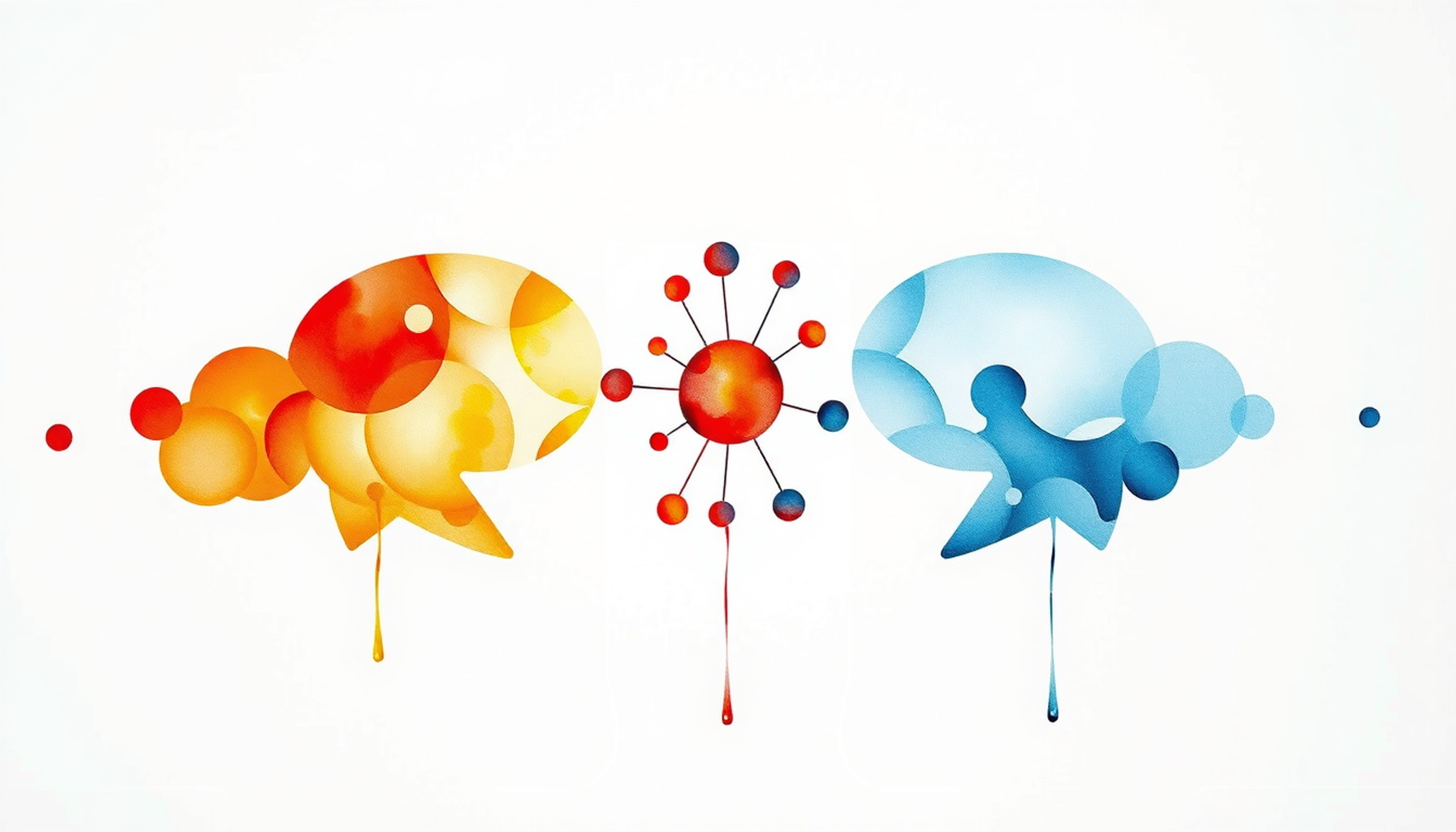 Glowing speech bubbles in amber and indigo with a dynamic knowledge graph.