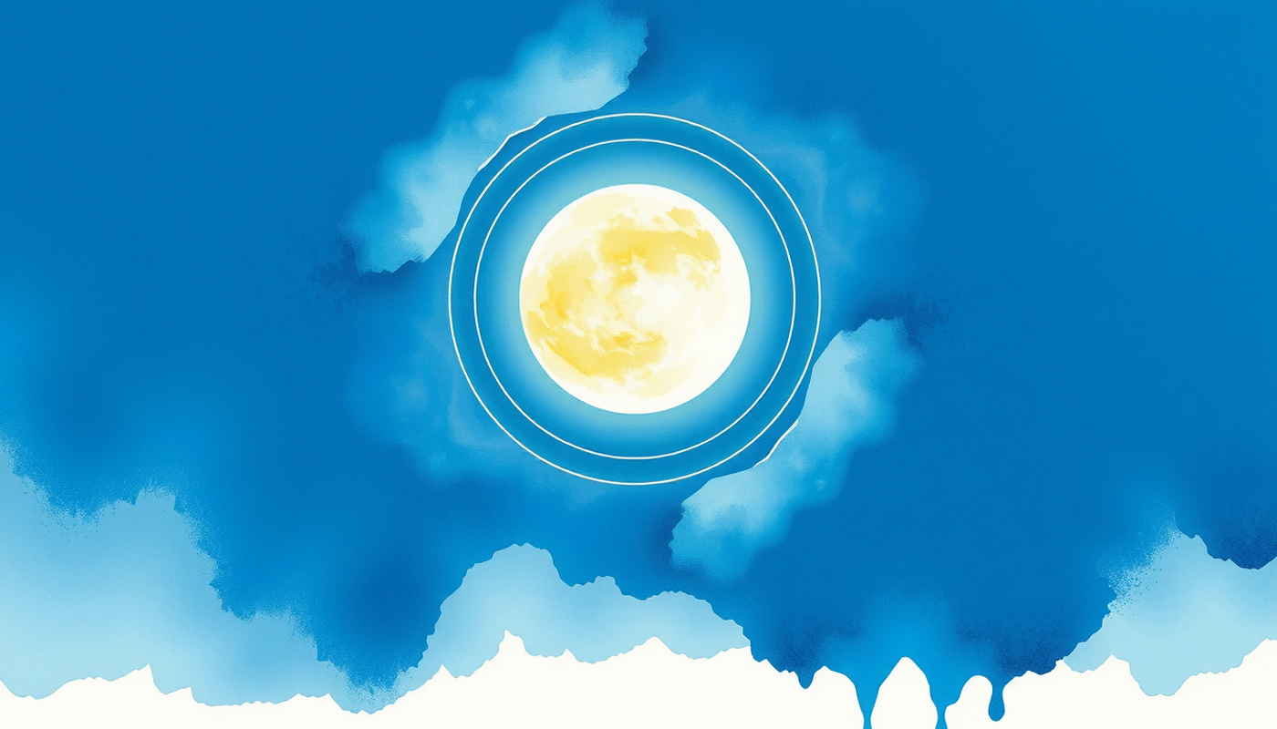 Softly glowing pale gold sphere in dark blue space with light ripples.