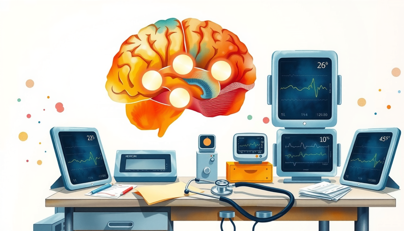 Glowing brain above emergency desk with medical equipment and vital signs.