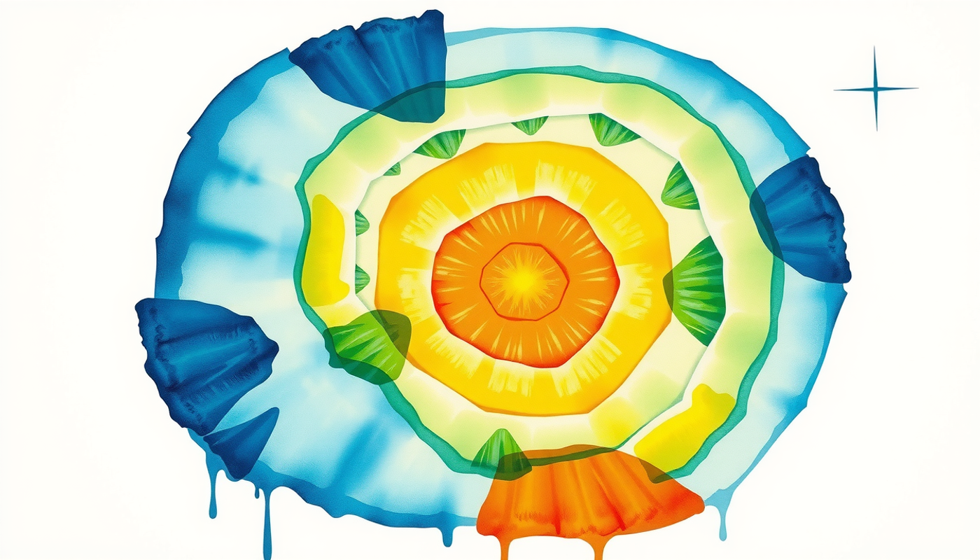 Growth chart of tree rings in vibrant colors from yellow to indigo.