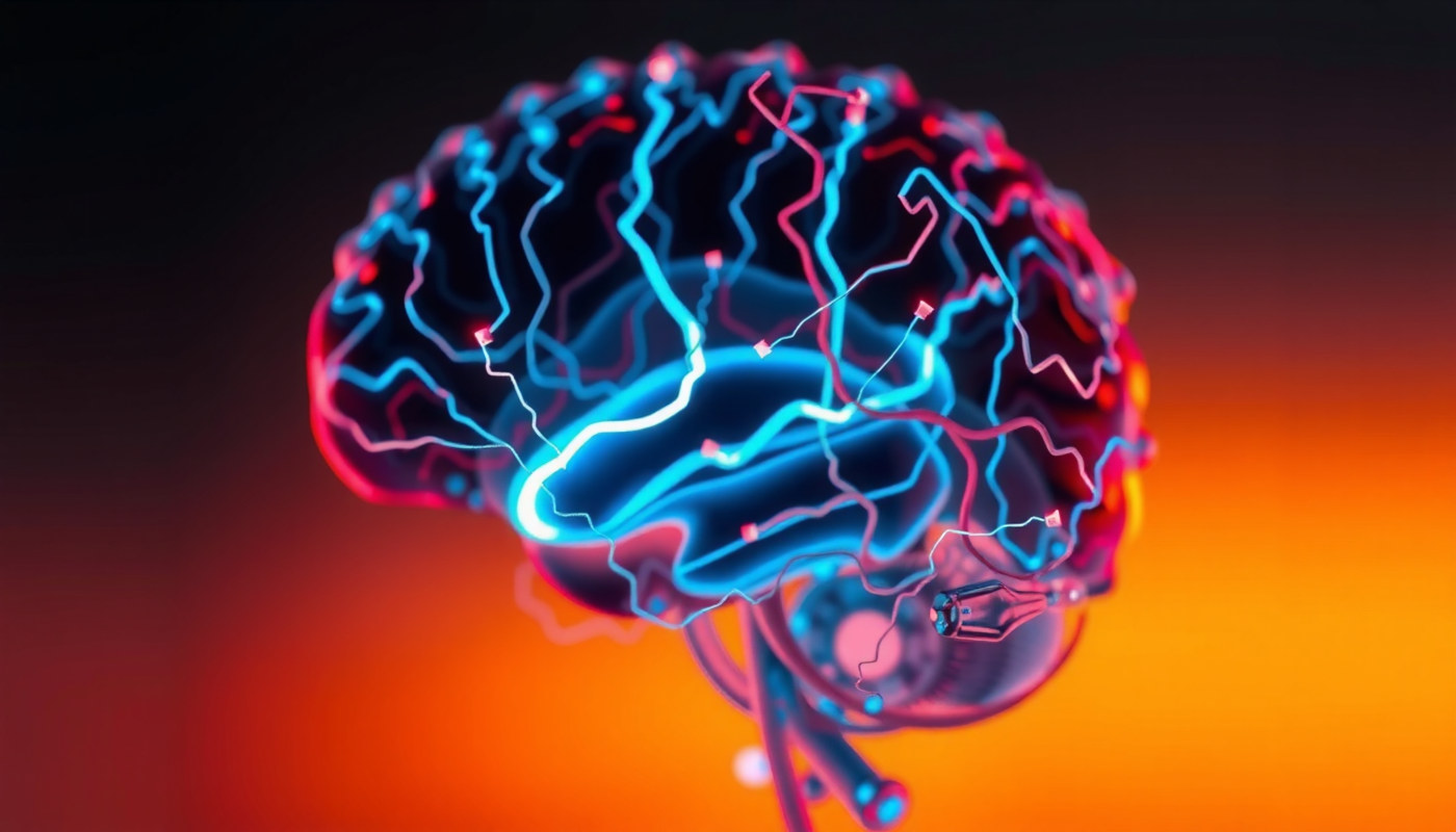 Translucent brain highlighting ventrolateral prefrontal cortex with neural activity symbols.