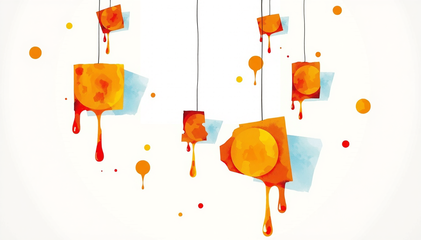 Floating word fragments in dark space, glowing amber and red.