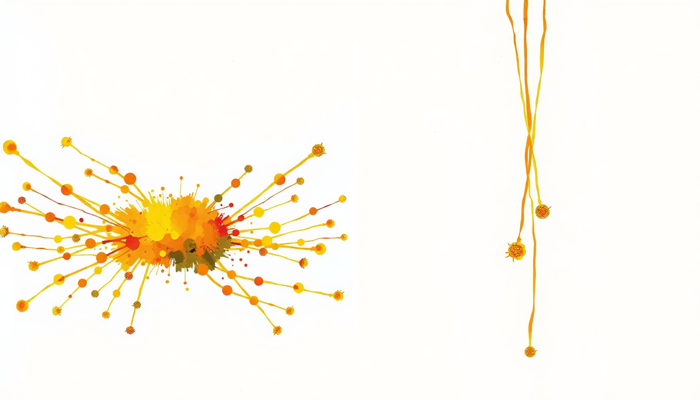 Richly interconnected golden threads versus an isolated loose thread.