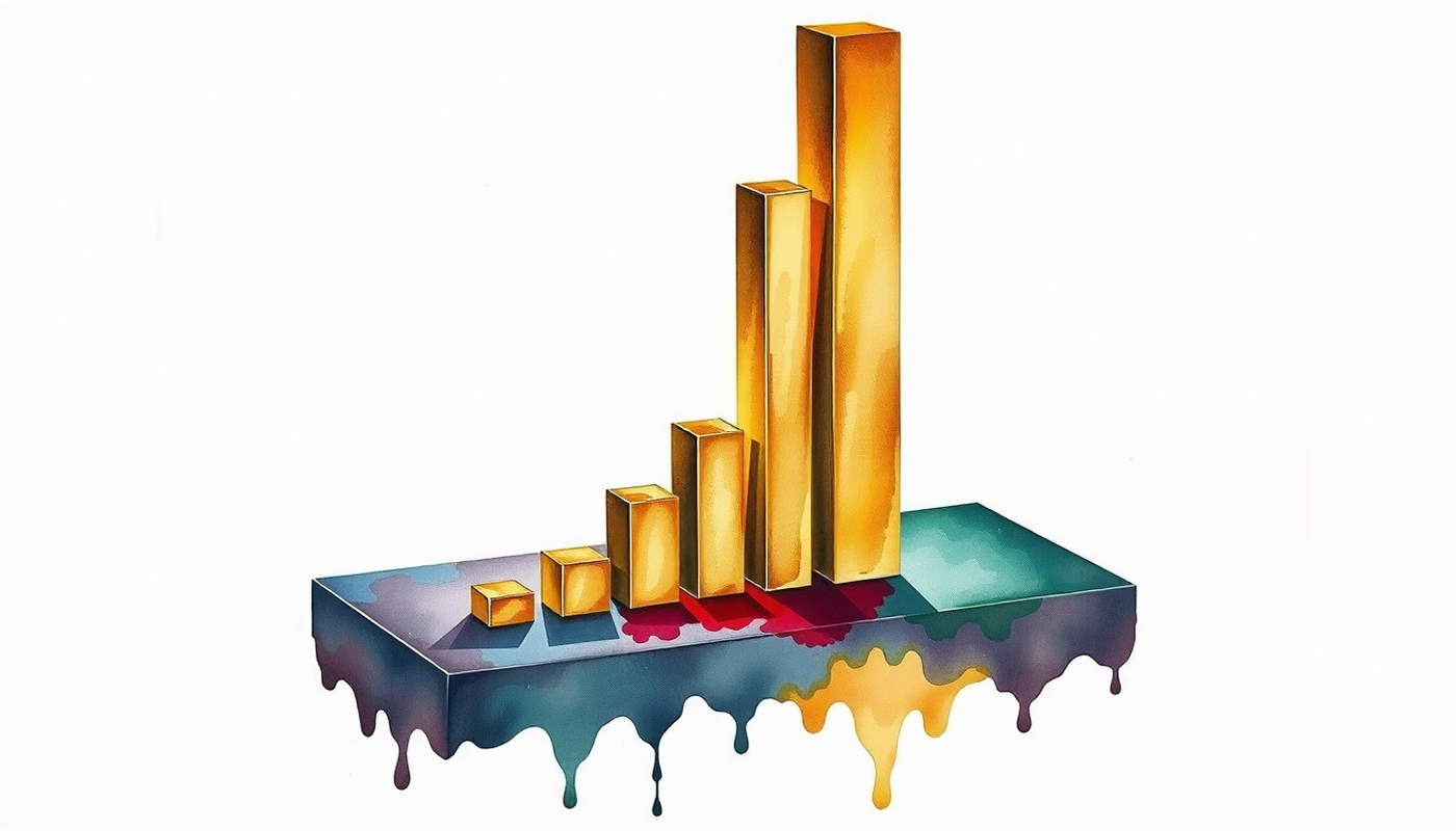 Three-dimensional bar chart sculpture with golden bars on dark surface.