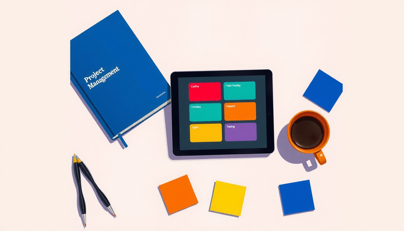 Desk scene with tablet, coffee cup, sticky notes, and textbook.
