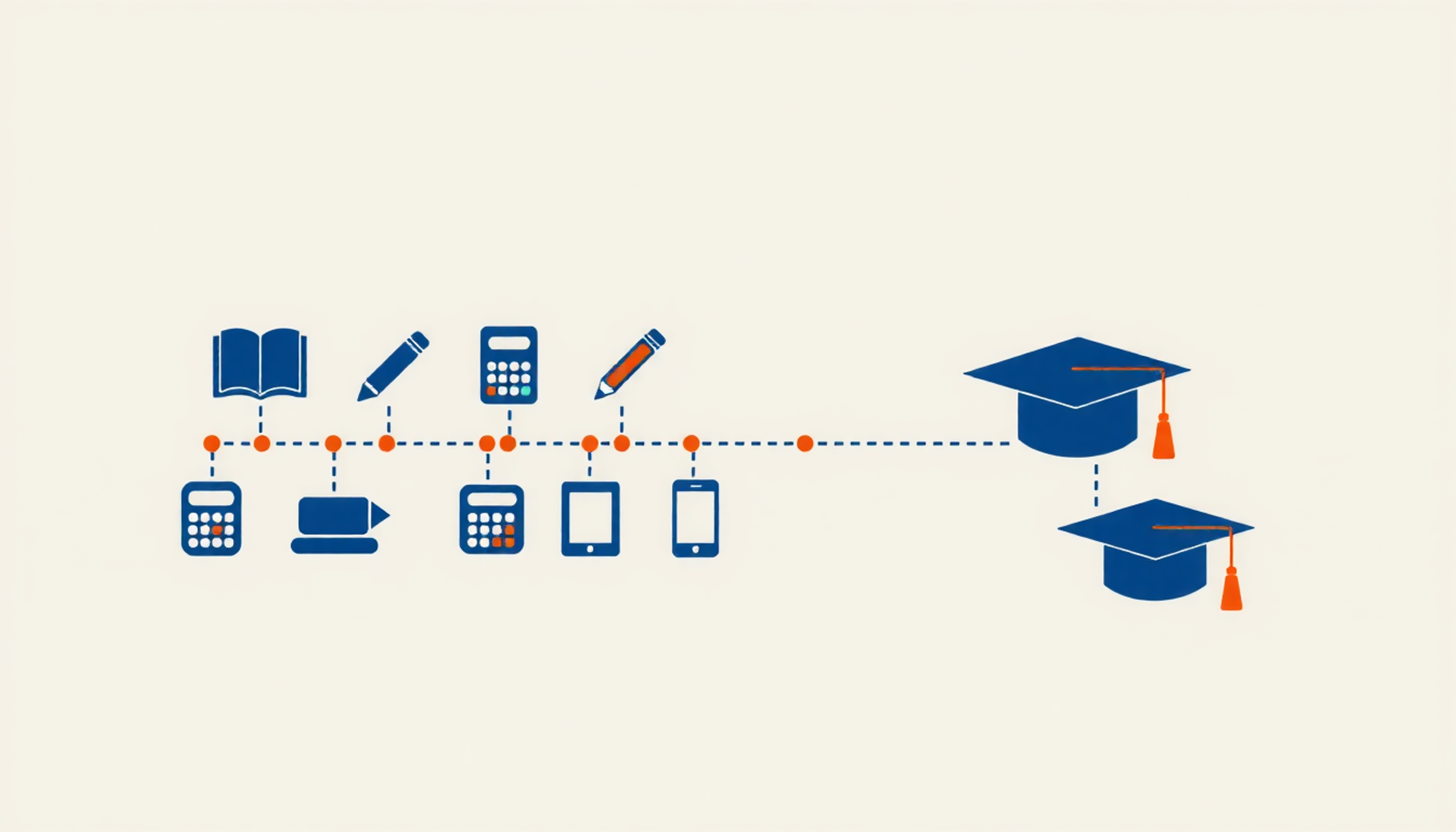 Horizontal timeline infographic featuring study tools and graduation cap.