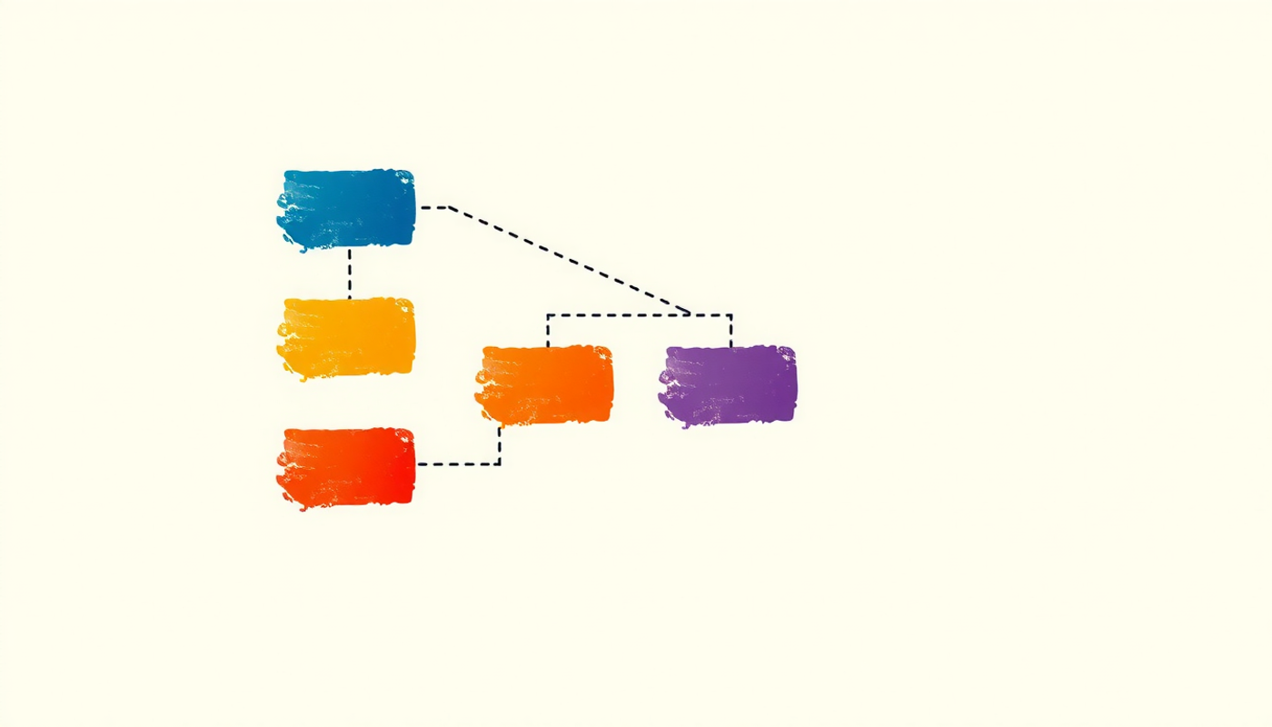Abstract flashcard icons on a decision tree with soft colors.