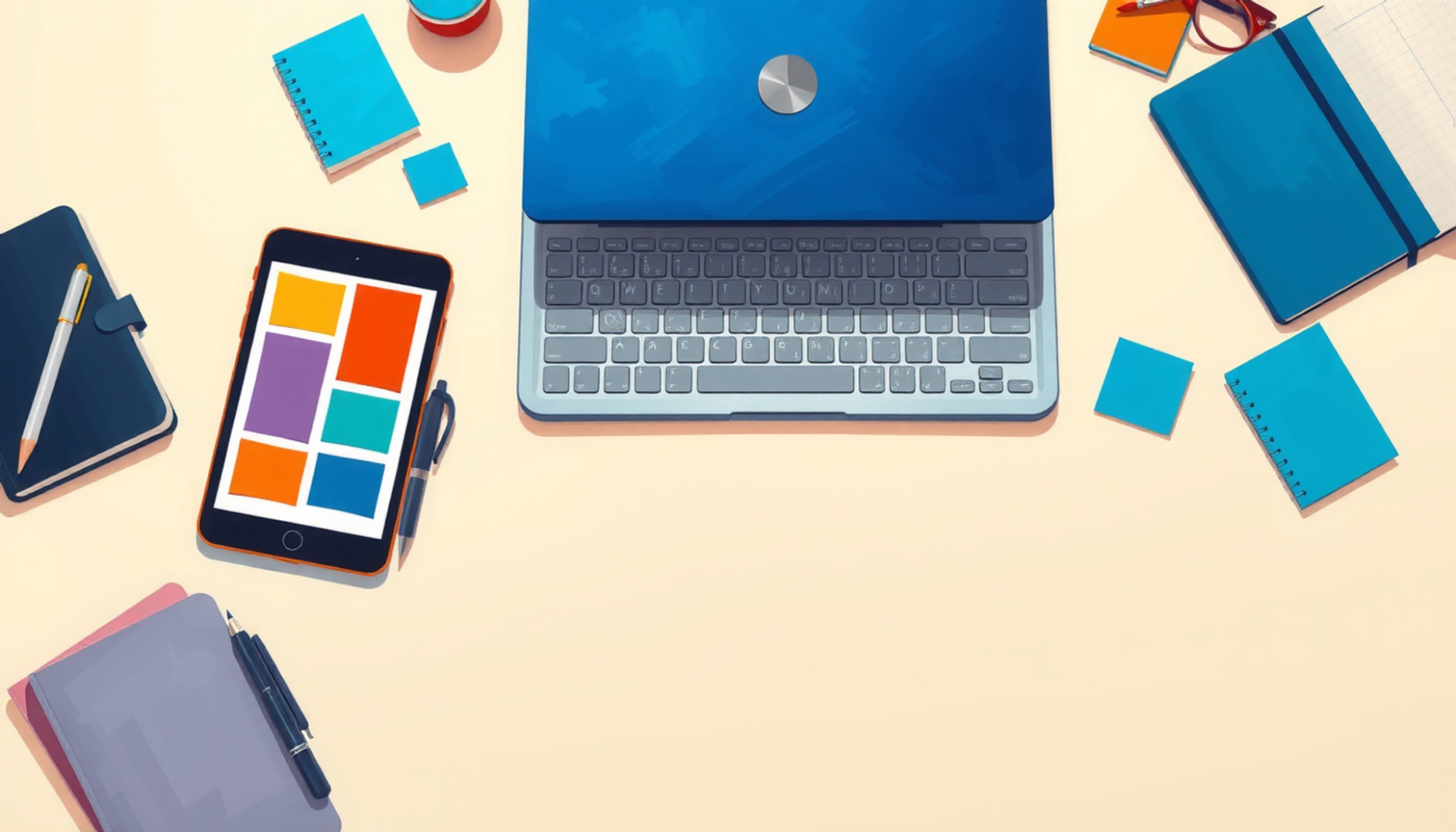 Modern study desk layout with laptop, tablet, and notebooks.