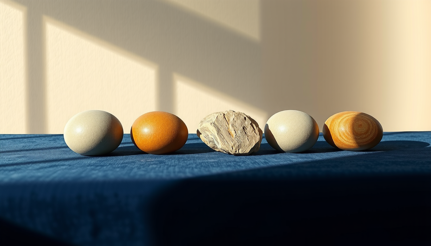 Polished stone spheres in graduated sizes on blue velvet.