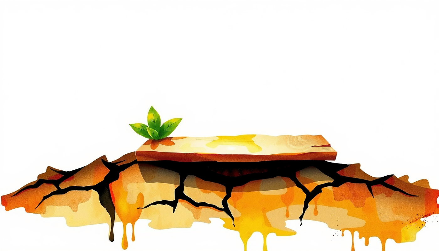 Green shoot breaking through cracked earth beside smooth wooden slat.