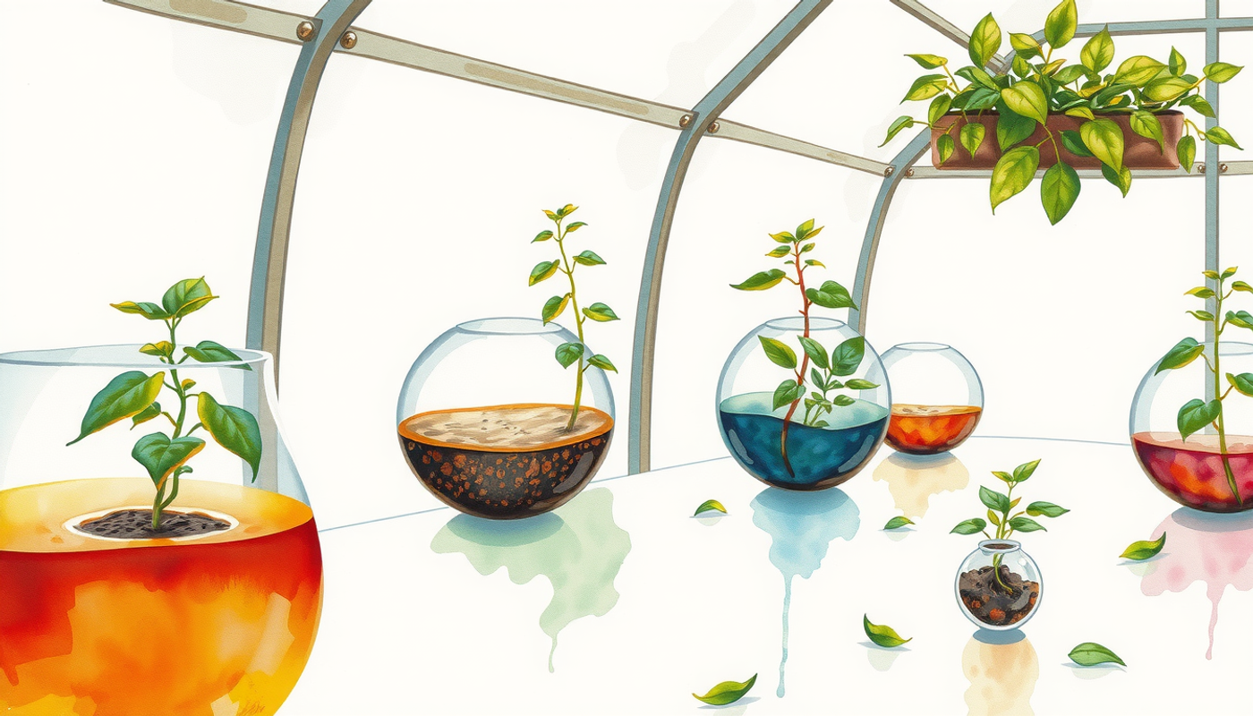 Seedlings in unique containers basking in warm greenhouse sunlight.