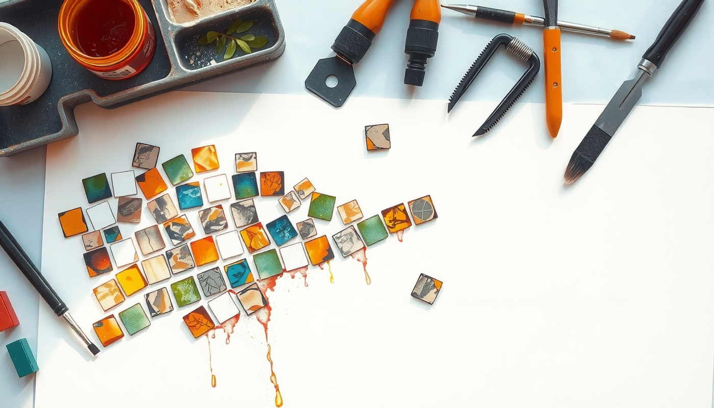 Half-finished mosaic on a workshop table with colorful tiles.
