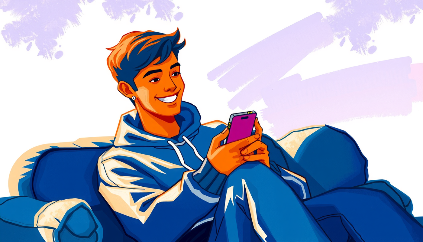 Happy student studying with flashcards on phone in cozy lighting.