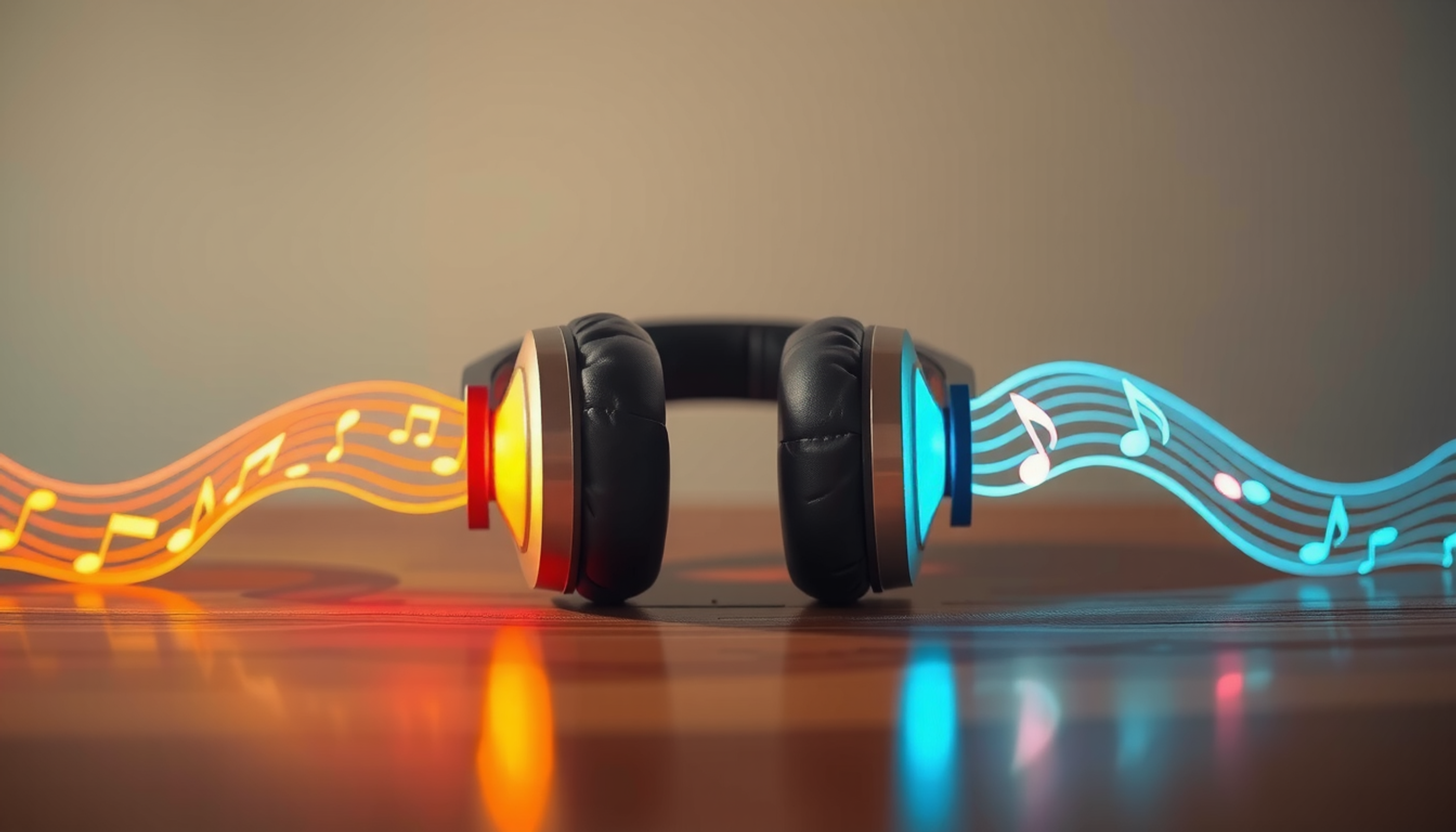 Over-ear headphones with colorful memories flowing from each cup.