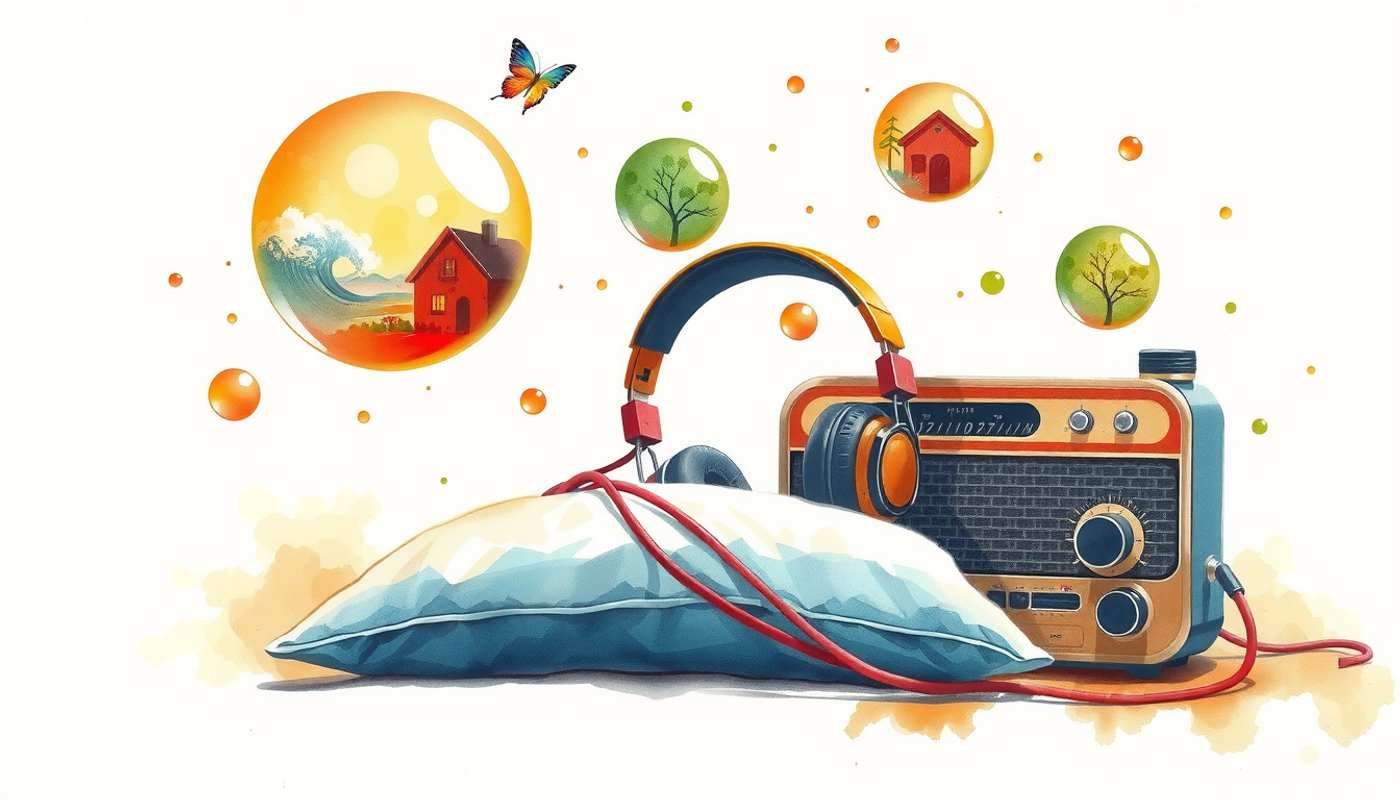 Headphones on a pillow beside a glowing radio and floating memory bubbles.