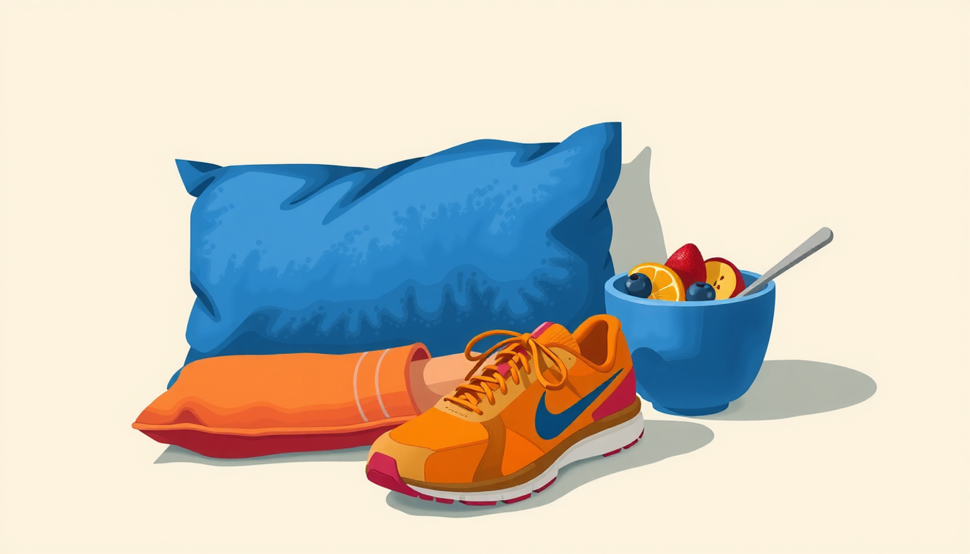 Three objects symbolizing health: pillow, running shoes, and oatmeal bowl.