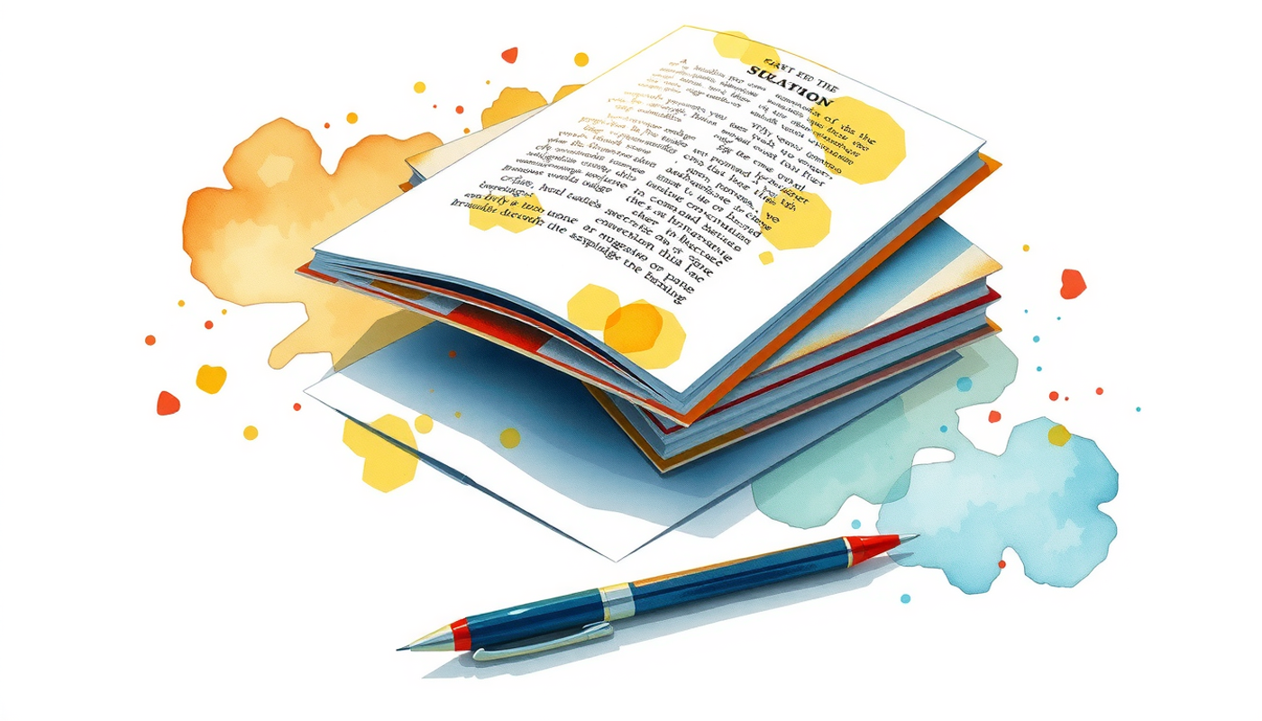 Open textbooks with yellow highlights beside a blank sheet and pen.