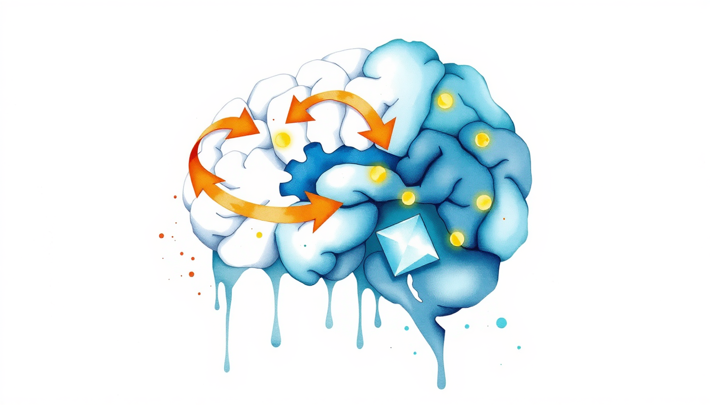 Cross-section of brain highlighting hippocampal-VTA loop with glowing pathways.