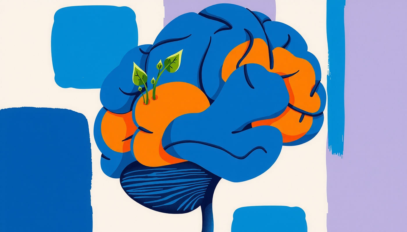 Brain with green sprouts symbolizing neuroplasticity and recovery in soft watercolor.