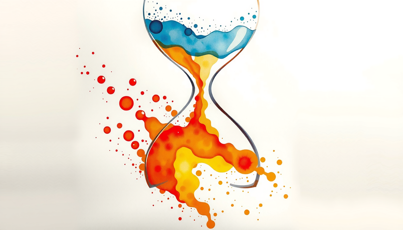 Hourglass with data streams symbolizing memory decay and recycling.