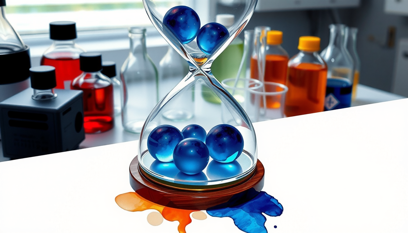 Hourglass with glowing orbs, sand flowing, deep blue background.