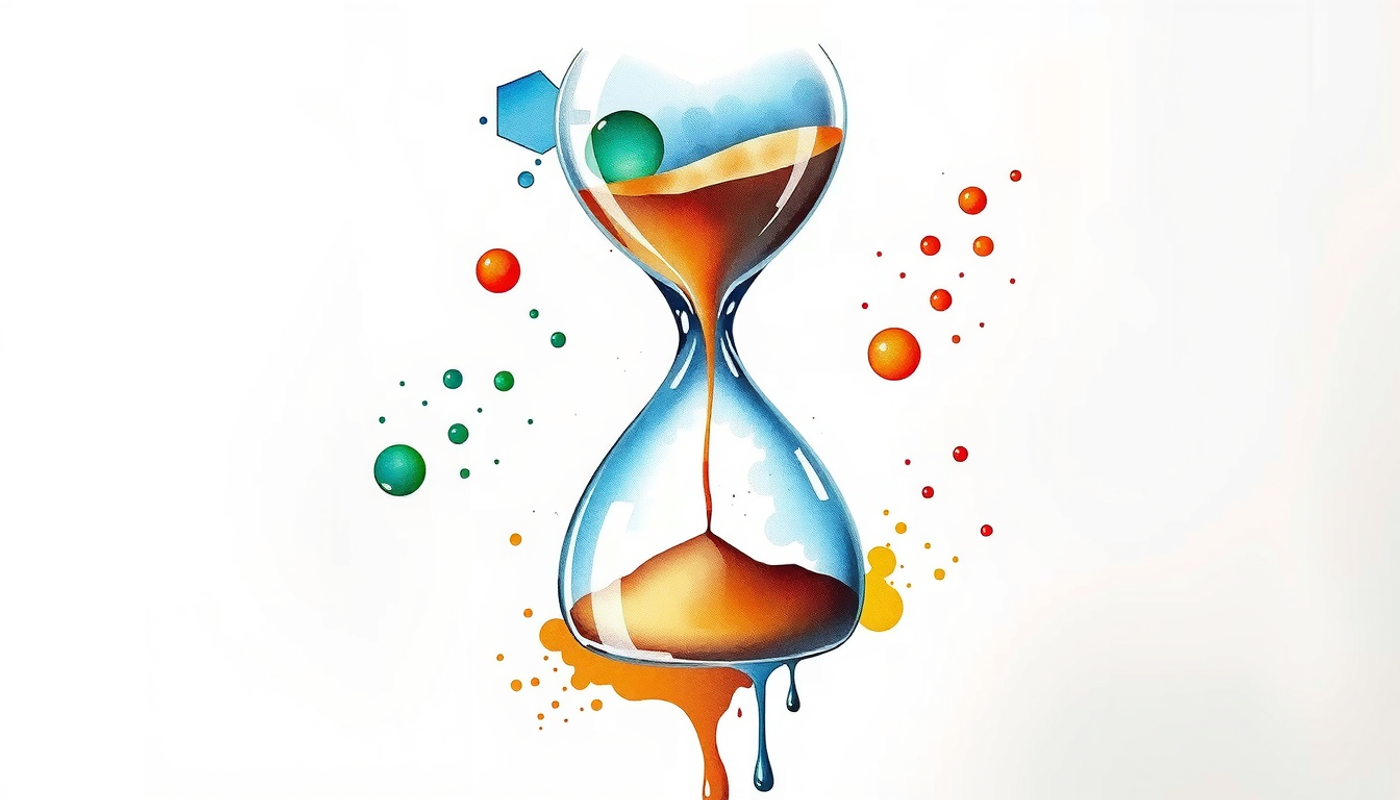 Colorful sand flows in an hourglass, defying gravity on one side.