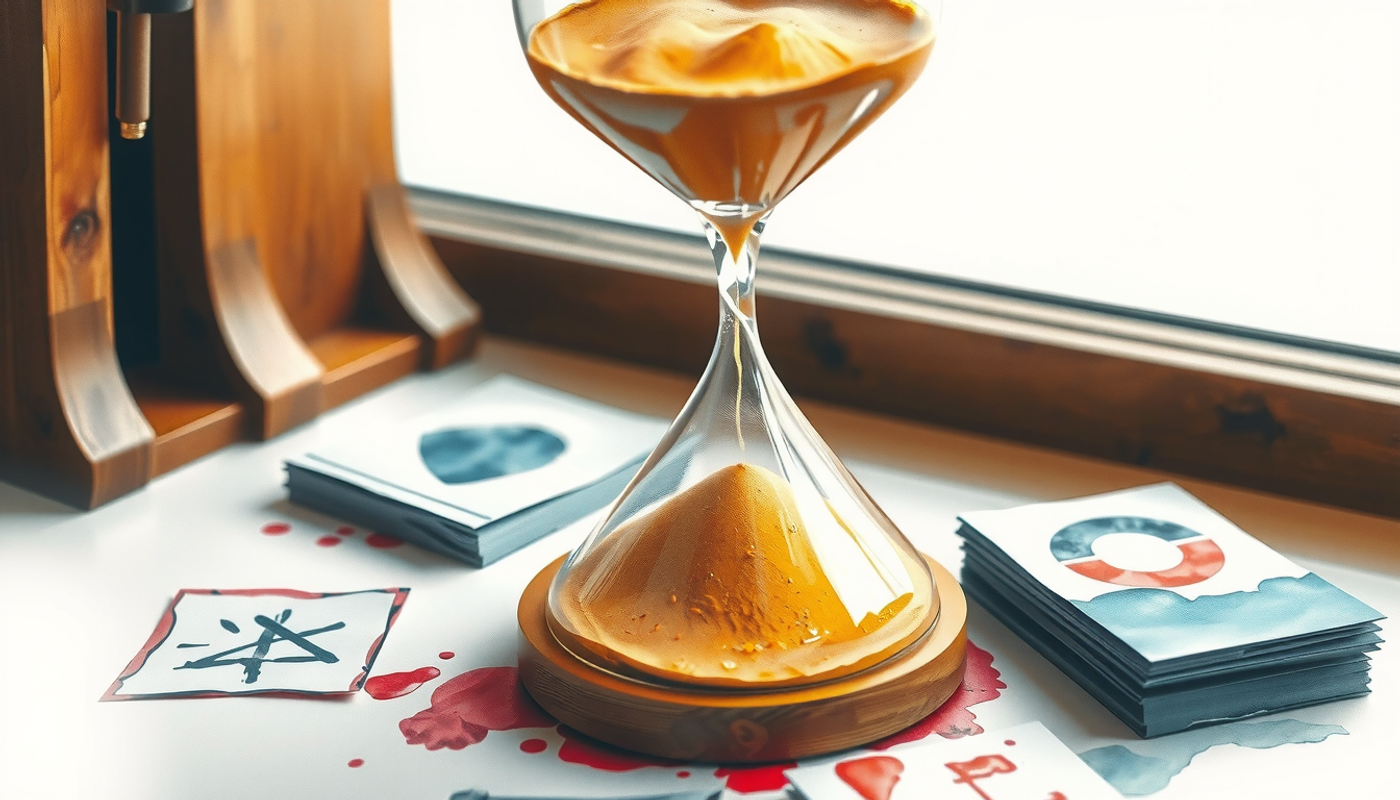 Large hourglass on wooden desk with flowing sand and fading index cards.