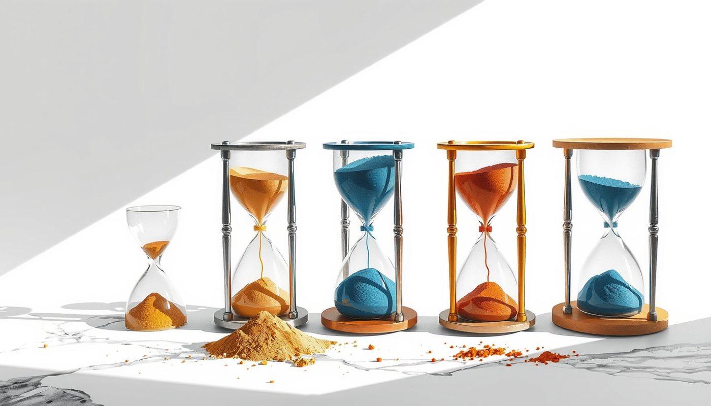 Five hourglasses with colored sand on marble, symbolizing time intervals.
