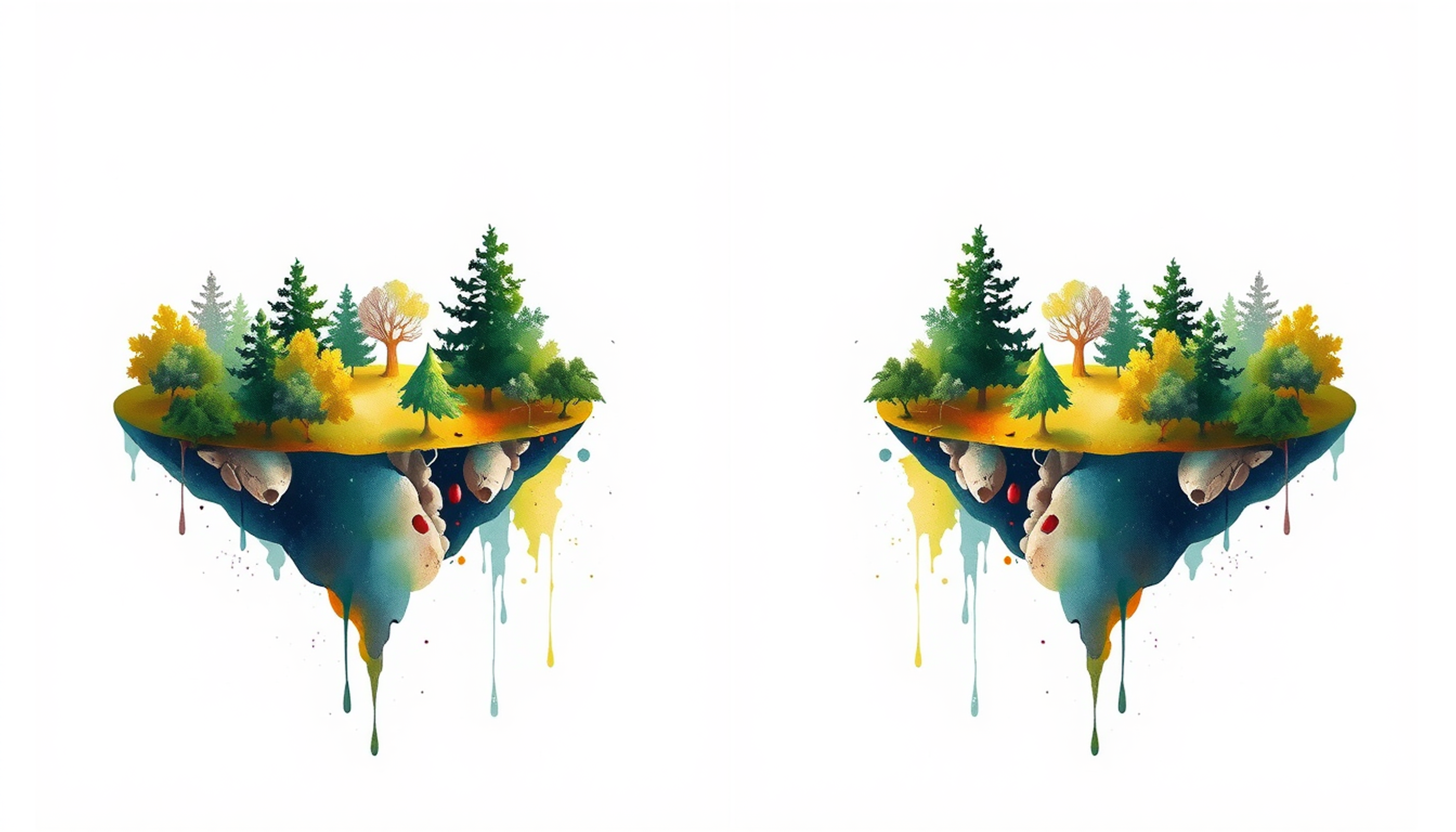 Identical islands with groves, separated by a still dark channel.