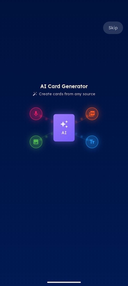 Mindomax home screen showing the "Voice to Flashcards" feature tile