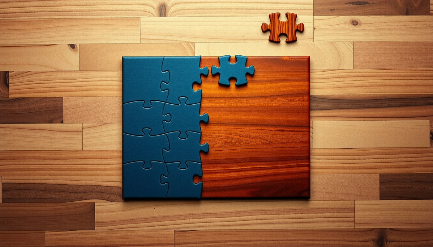 Unfinished jigsaw puzzle on dark walnut tabletop with gradient colors.