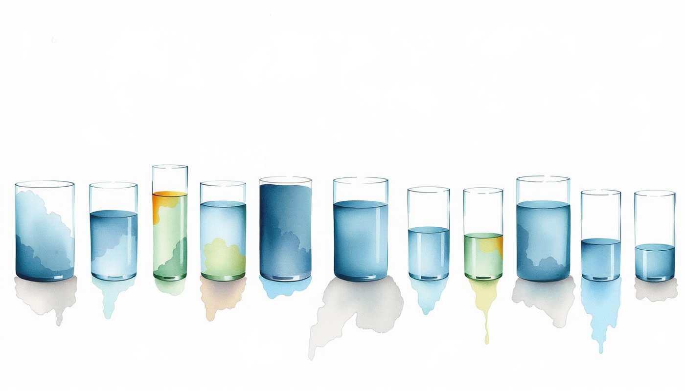 Identical glass cylinders filled with varying levels of clear liquid.