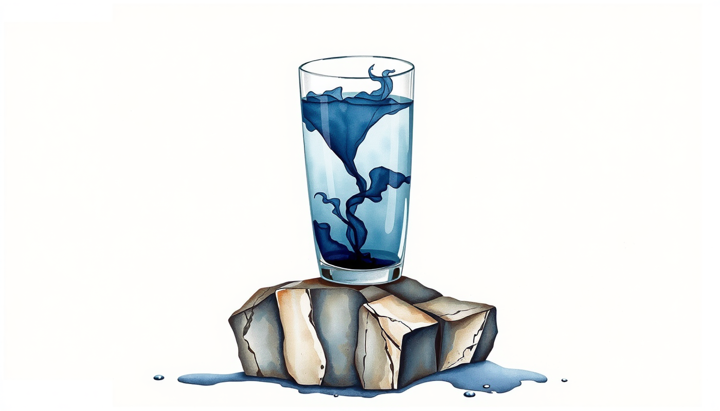 Clear water glass with indigo color swirling through it.