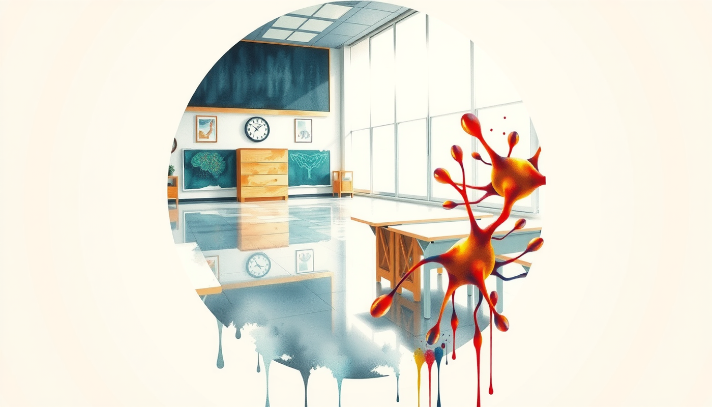 Endless reflections of a classroom evolving into abstract patterns.