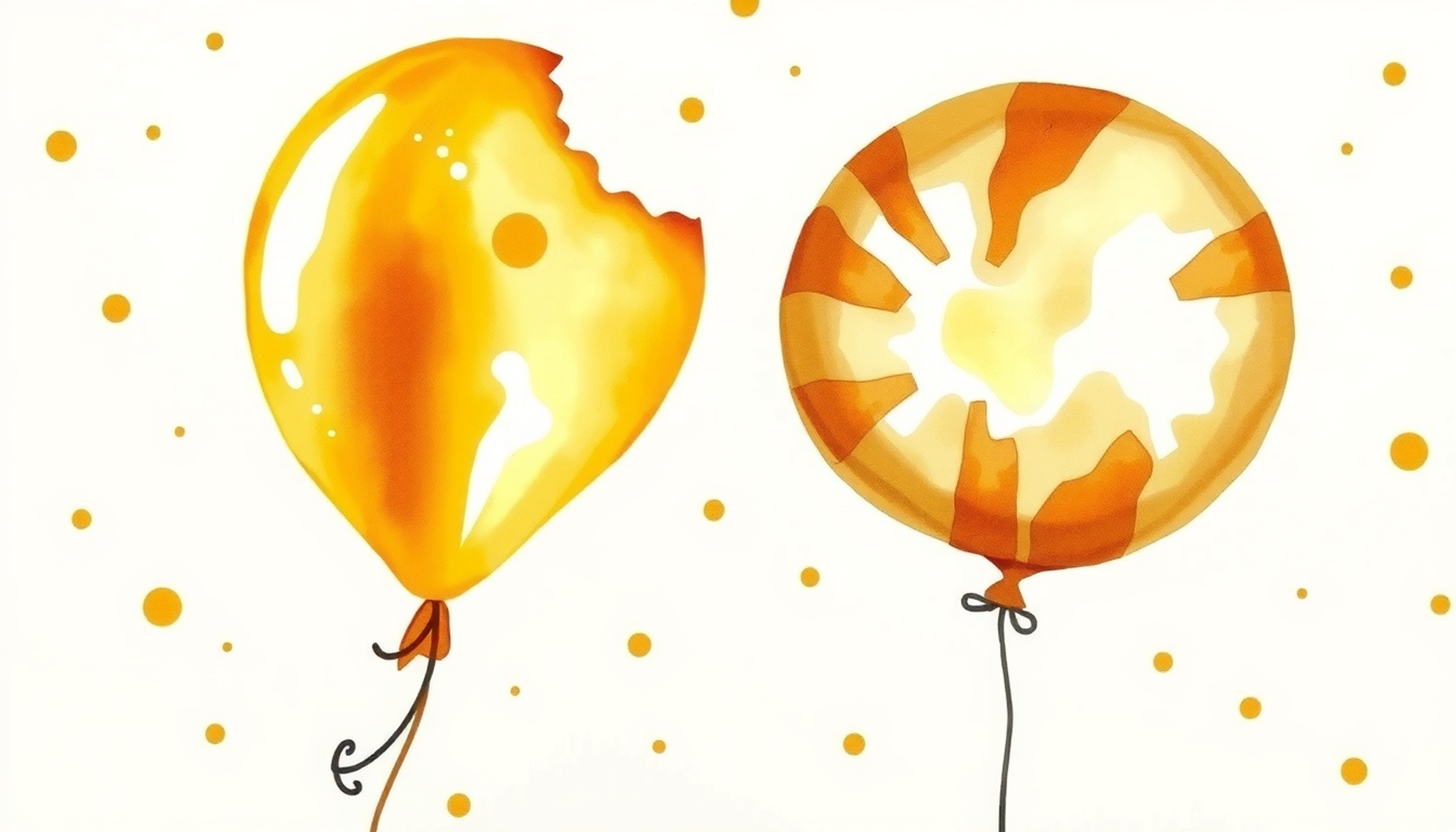 Oversized shiny golden balloon deflating to a smaller matte balloon.