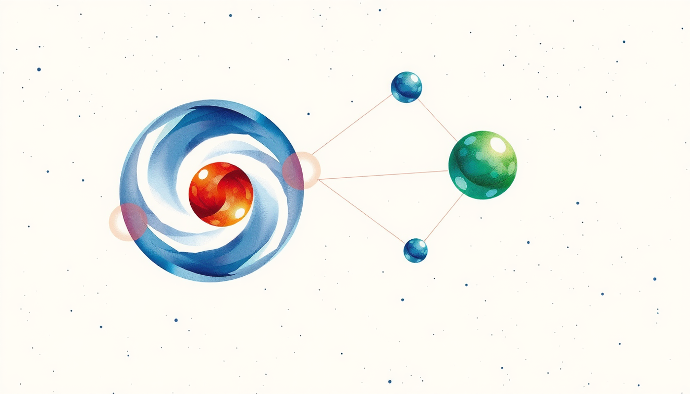 Three translucent spheres in space, labeled D S R, interconnected by energy.