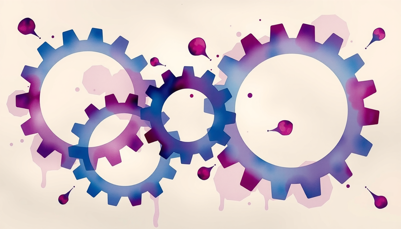 Five indigo and purple gears in space, symbolizing interconnected challenges.
