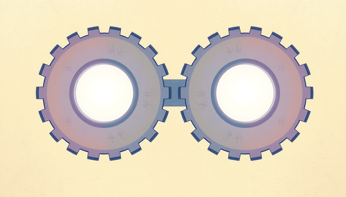Interlocking frosted glass gears glowing indigo on a dark background.