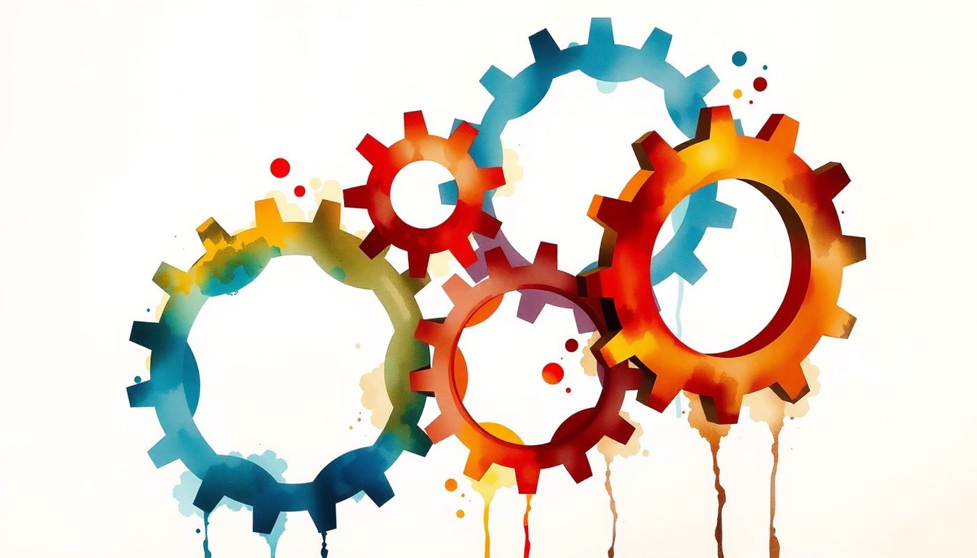 Colorful interlocking gears symbolizing principles of expertise development in harmony.