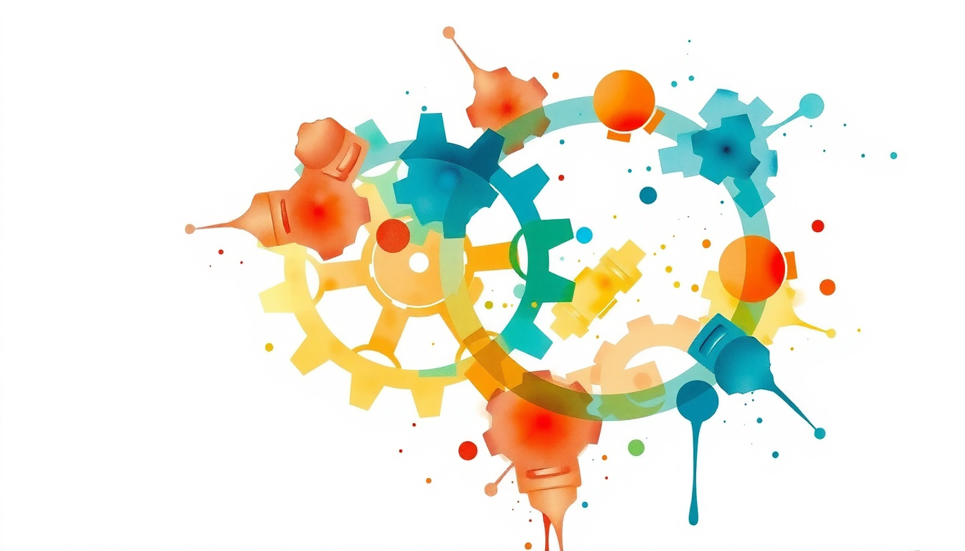 Interlocking amber and teal gears on a soft watercolor background.