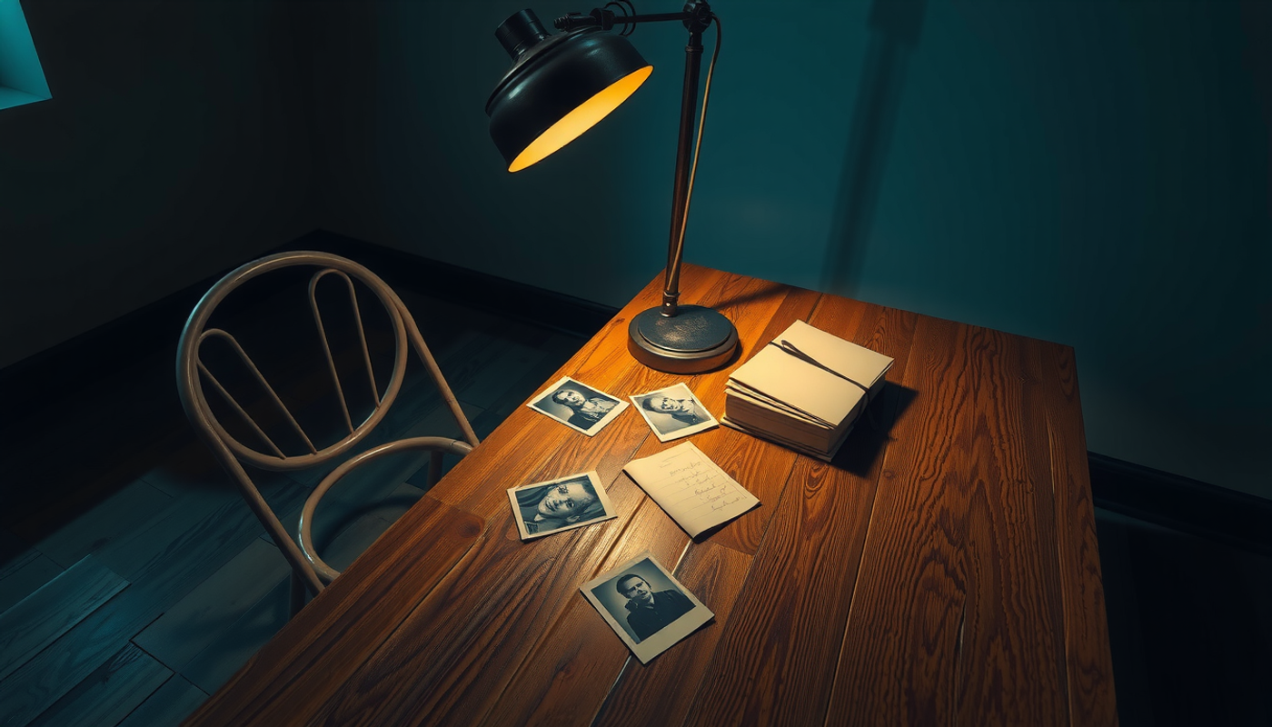 Dimly lit interrogation room with empty chair and scattered evidence.