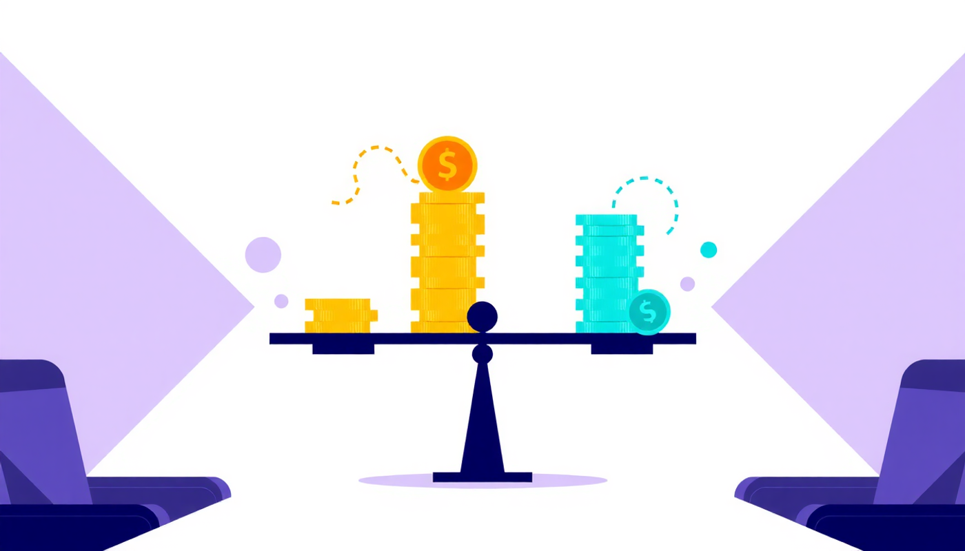Giant balance scale showing gold coins outweighing small revenue coins.
