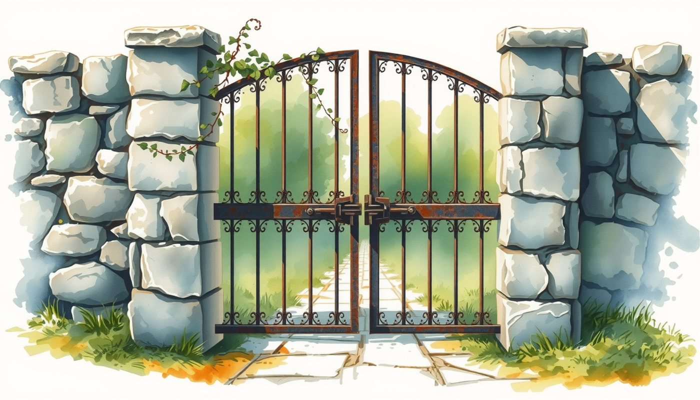 Half-open iron gate in stone wall with soft green light.