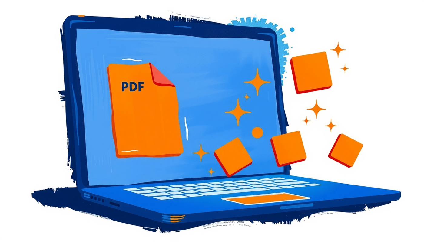 Laptop displaying a PDF with colorful flashcards and sparkles.