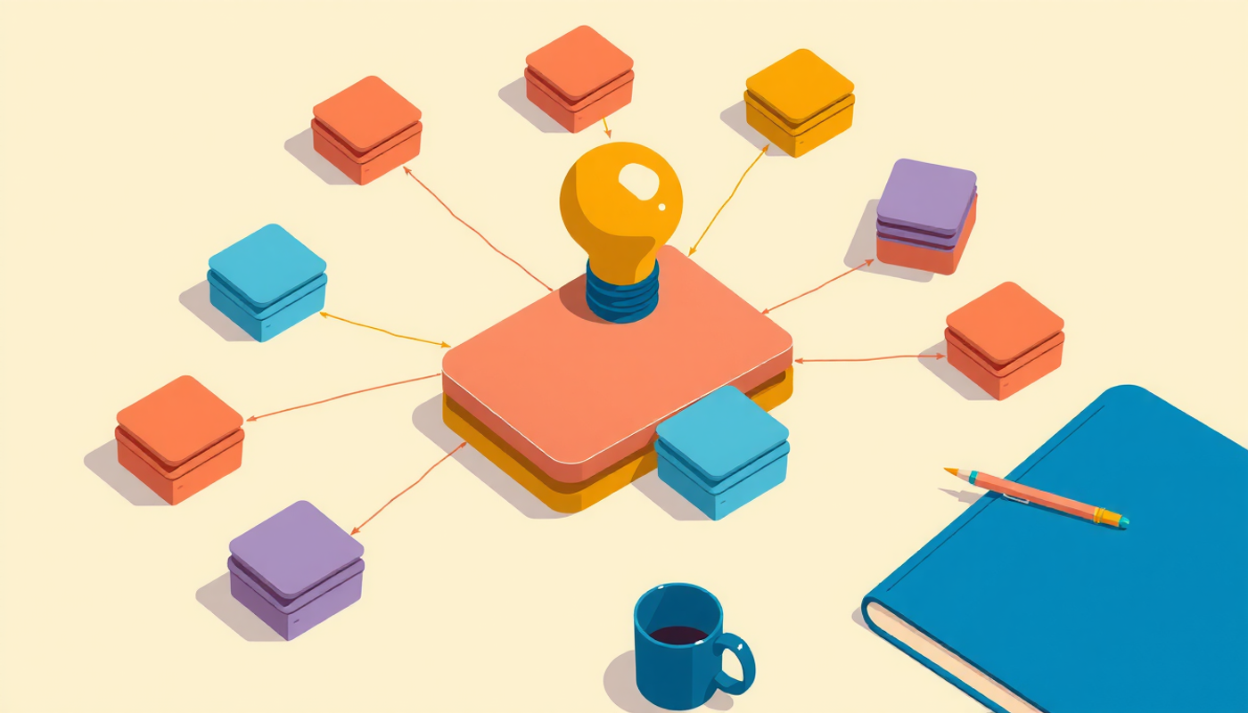 Ten pastel card stacks in a circle connected to a glowing lightbulb.