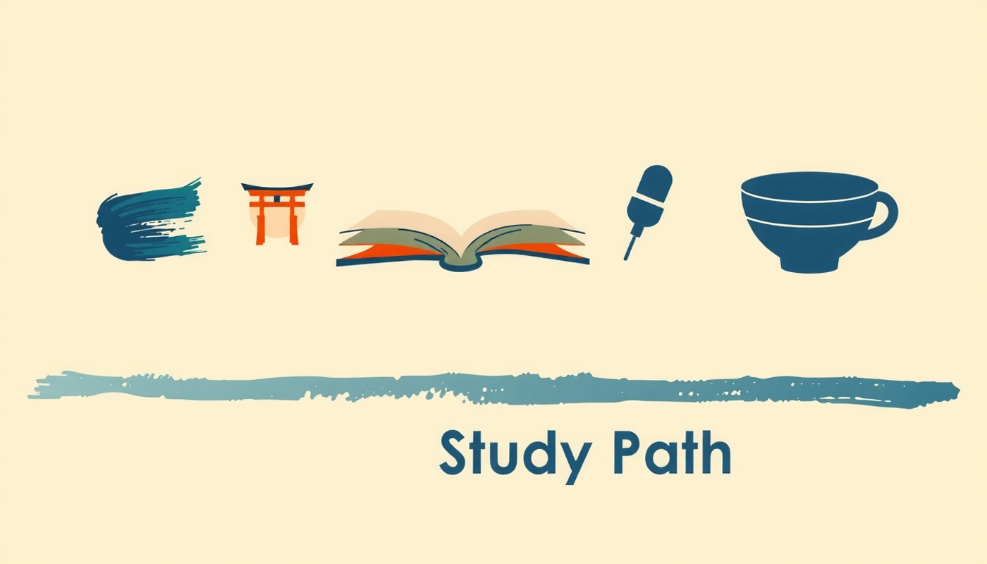 Japanese-themed icons in soft watercolor above a study path.