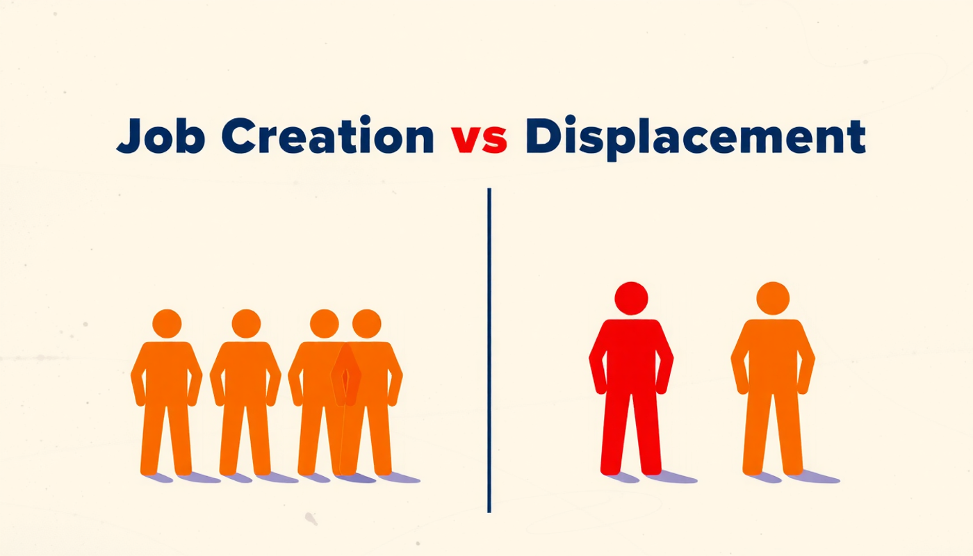 Job creation vs displacement infographic with green and red figures.