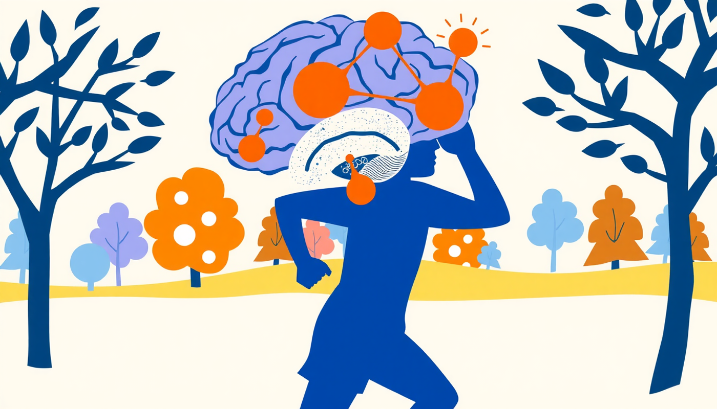 Jogger in park with brain highlighting BDNF and new connections.
