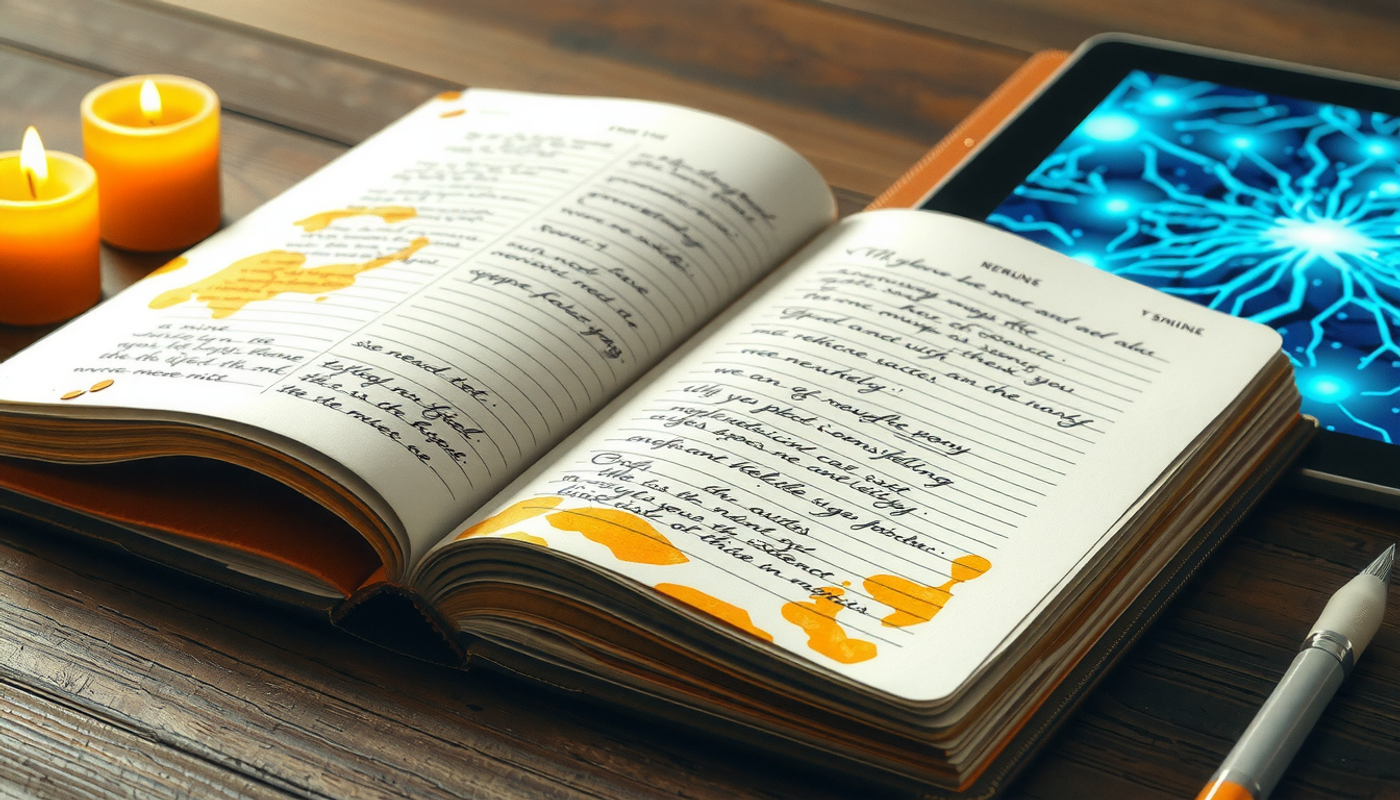 Old journal and modern tablet contrast on dark oak table.